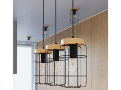 Lámparas Colgantes Gotto Industrial De Acero/Madera - 3 Fuentes Luminosas - L.60 X A.115 Cm - Madera Negra