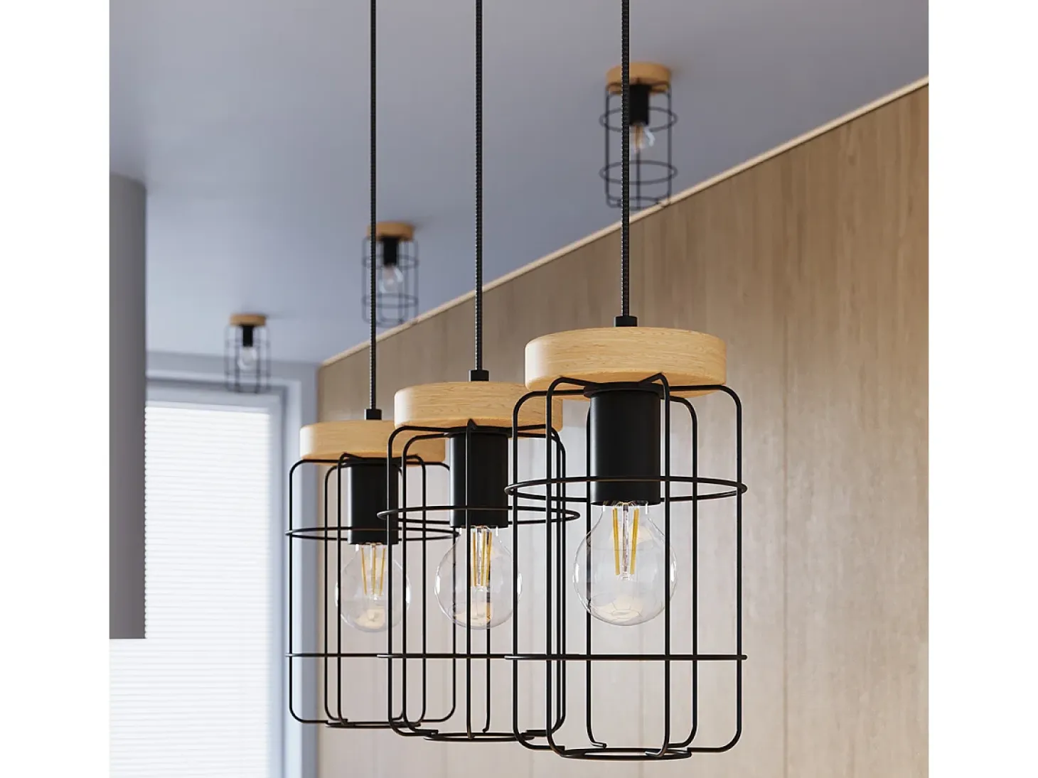 Lámparas Colgantes Gotto Industrial De Acero/Madera - 3 Fuentes Luminosas - L.60 X A.115 Cm - Madera Negra