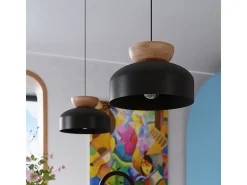 Lámparas Colgantes Marion Escandinavo De Madera/Acero - 1 Fuentes Luminosas - L.29,5 X A.130 Cm - Negro/Madera Natural