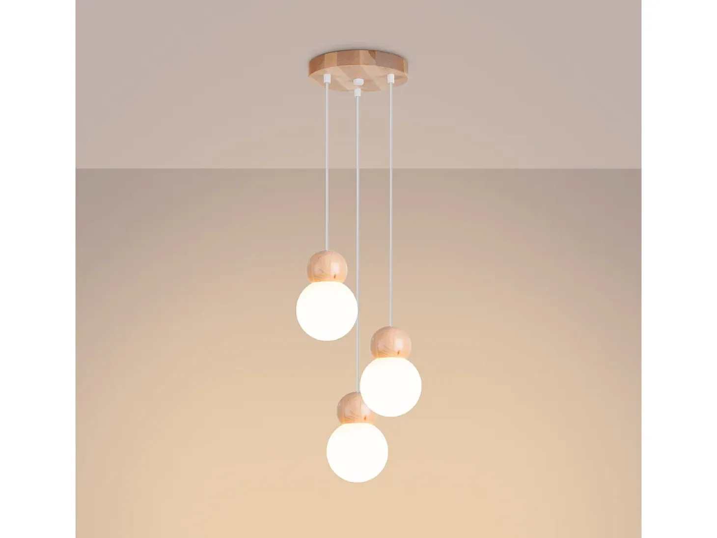 Lámparas Colgantes Pekka Escandinavo De Vidrio/Madera - 3 Fuentes Luminosas - L.31 X A.124 Cm - Blanco/Madera Natural