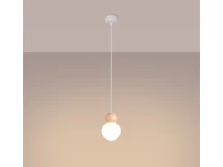 Lámparas Colgantes Pekka Escandinavo De Vidrio/Madera - 1 Fuentes Luminosas - L.11 X A.124 Cm - Blanco/Madera Natural