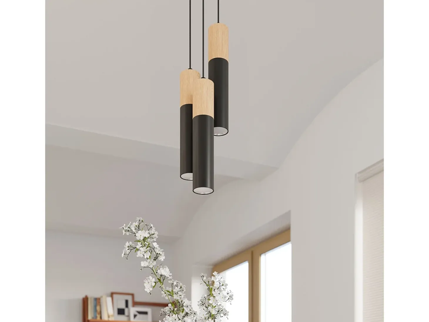 Lámparas colgantes Poblano moderno de acero/madera - 1 fuentes luminosas 4000K - L.8 x A.105 cm - madera natural/negro
