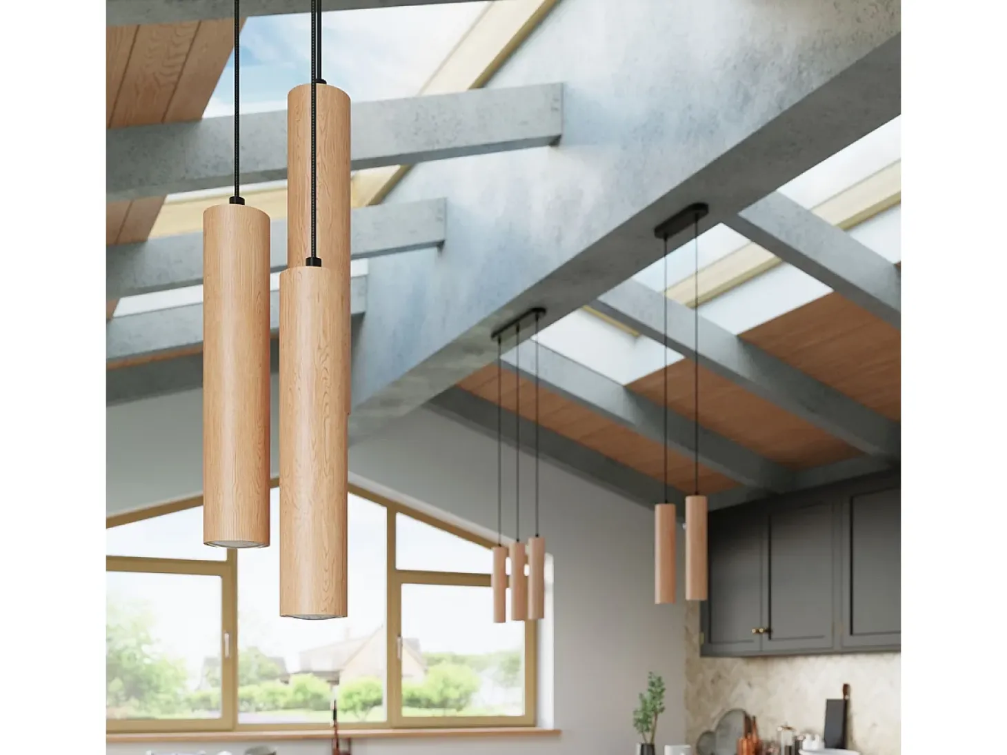 Lámparas colgantes Silno escandinavo de madera - 3 fuentes luminosas 4000K - L.20 x A.100 cm - madera natural