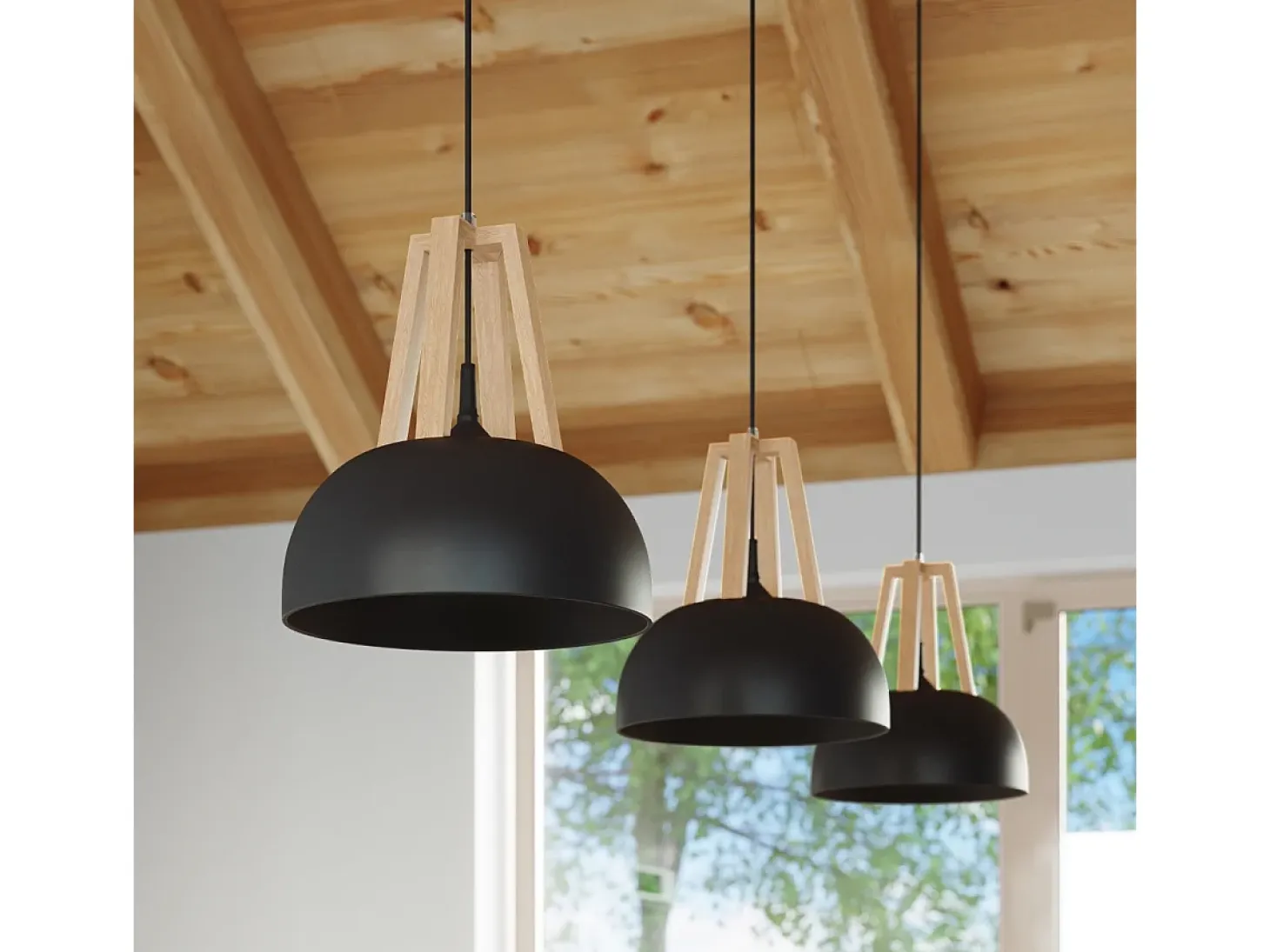 Lámparas colgantes Solivo moderno de acero/madera - 1 fuentes luminosas 3000K - L.30 x A.85 cm - negro/madera natural
