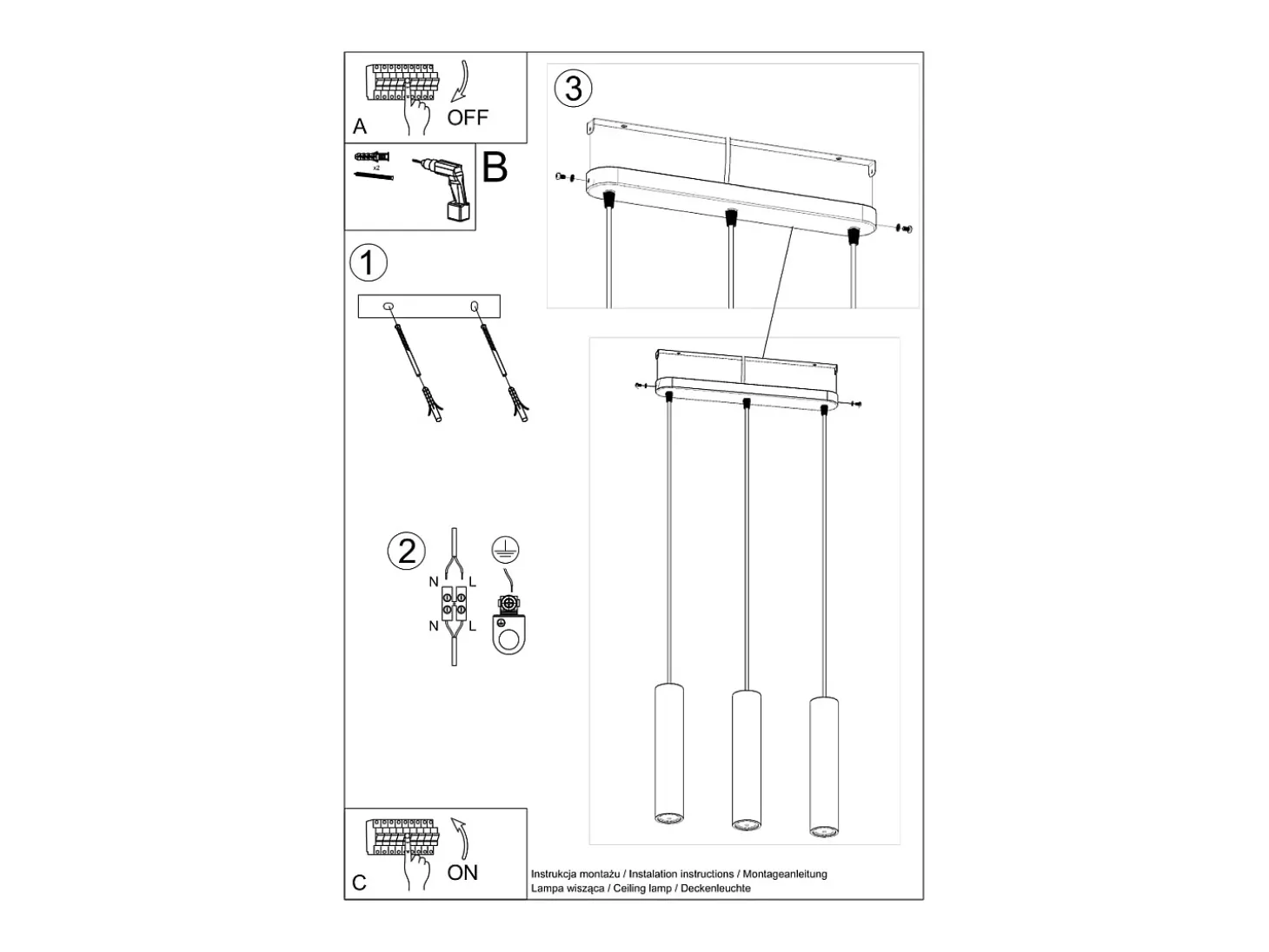 Lámparas colgantes Solvix industrial de concreto - 3 fuentes luminosas 3000K - L.45 x A.90 cm - gris
