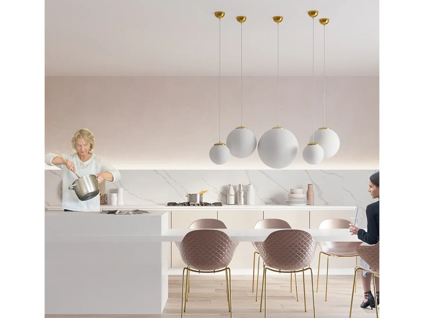 Lámparas colgantes Stera minimalista de acero/vidrio - 1 fuentes luminosas 3000K - L.40 x A.130 cm - Oro blanco