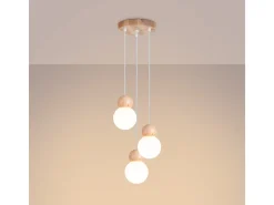 Lámparas colgantes Torch escandinavo de vidrio/madera - 3 fuentes luminosas 4000K - L.31 x A.124 cm - blanco/madera natural