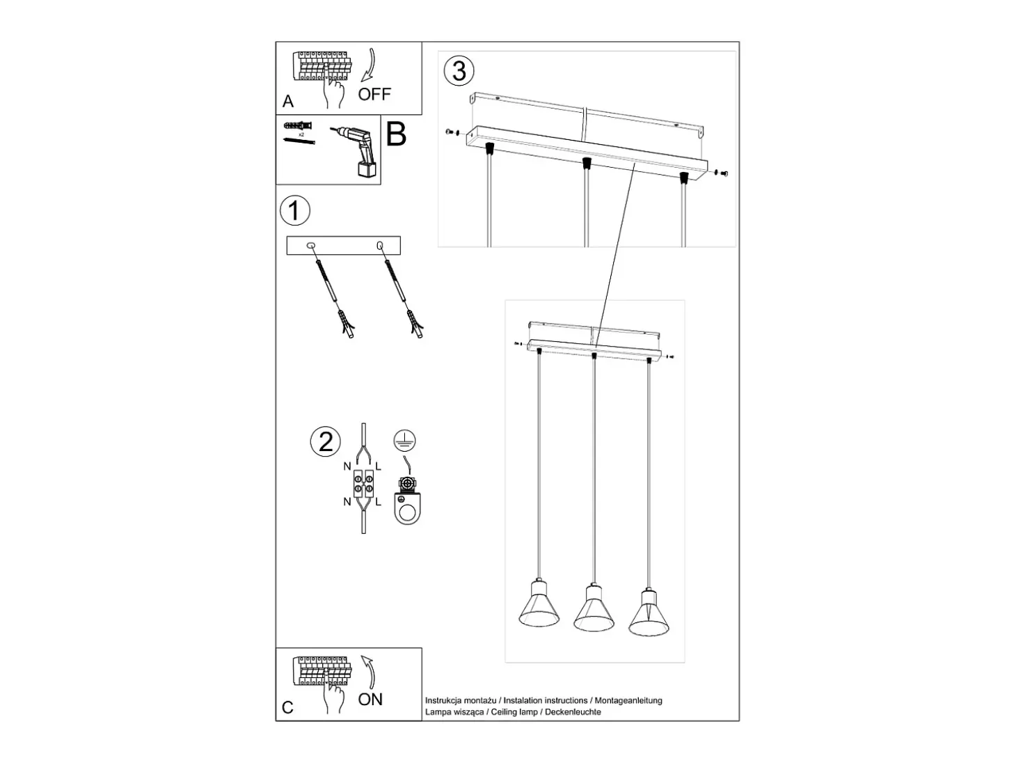Lámparas colgantes Zylata moderno de acero - 3 fuentes luminosas 3000K - L.45 x A.120 cm - negro