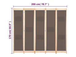 Mampara divisoria de 5 paneles Marrón 200 x 170 x 4 cm Tela