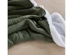 Manta en borreguito y gasa de algodón, 130cm verde kaki