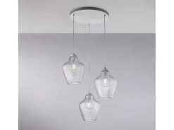 Maya Suspensión en hierro lacado blanco con cables eléctricos orientables y difusores de cristal soplado transparente con decoración gofrada 3 luces