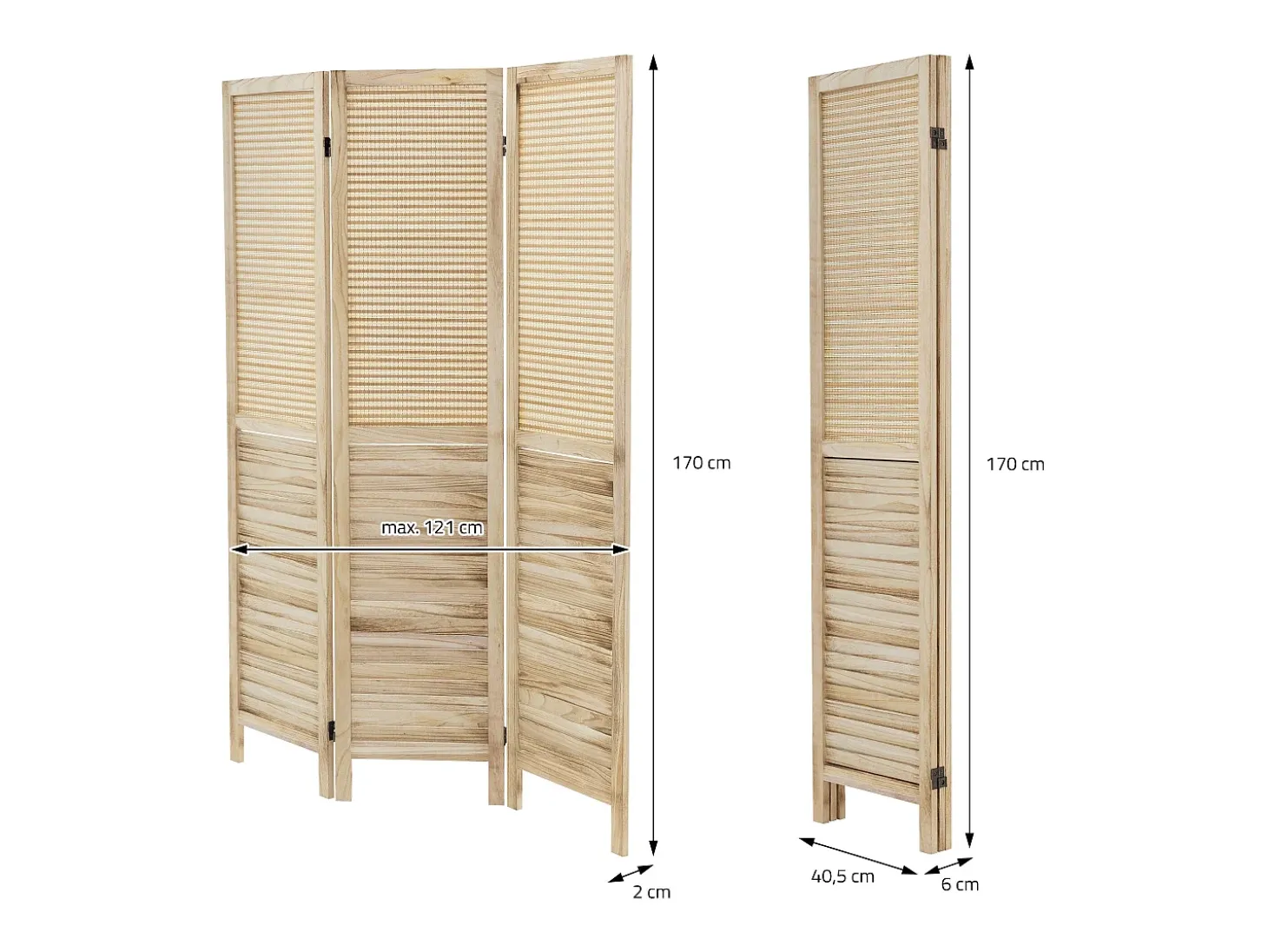 ML-Design Biombo divisorio de 3 paneles modelo Osaka de madera natural 170 x 121 cm, separador de ambientes plegable japonés, pantalla de privacidad