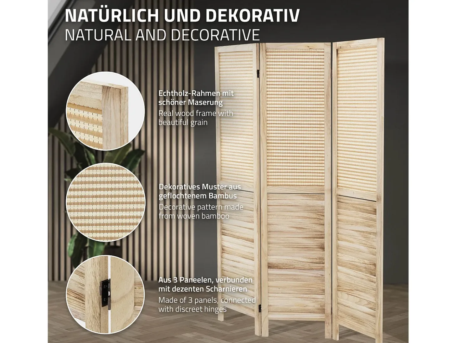 ML-Design Biombo divisorio de 3 paneles modelo Osaka de madera natural 170 x 121 cm, separador de ambientes plegable japonés, pantalla de privacidad