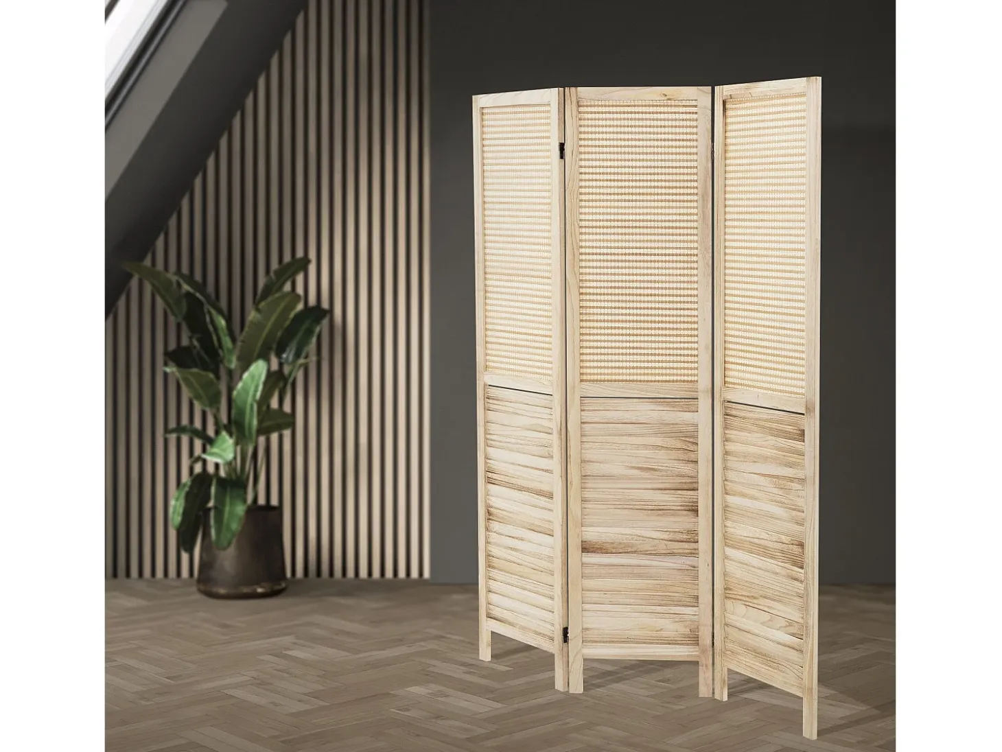 ML-Design Biombo divisorio de 3 paneles modelo Osaka de madera natural 170 x 121 cm, separador de ambientes plegable japonés, pantalla de privacidad