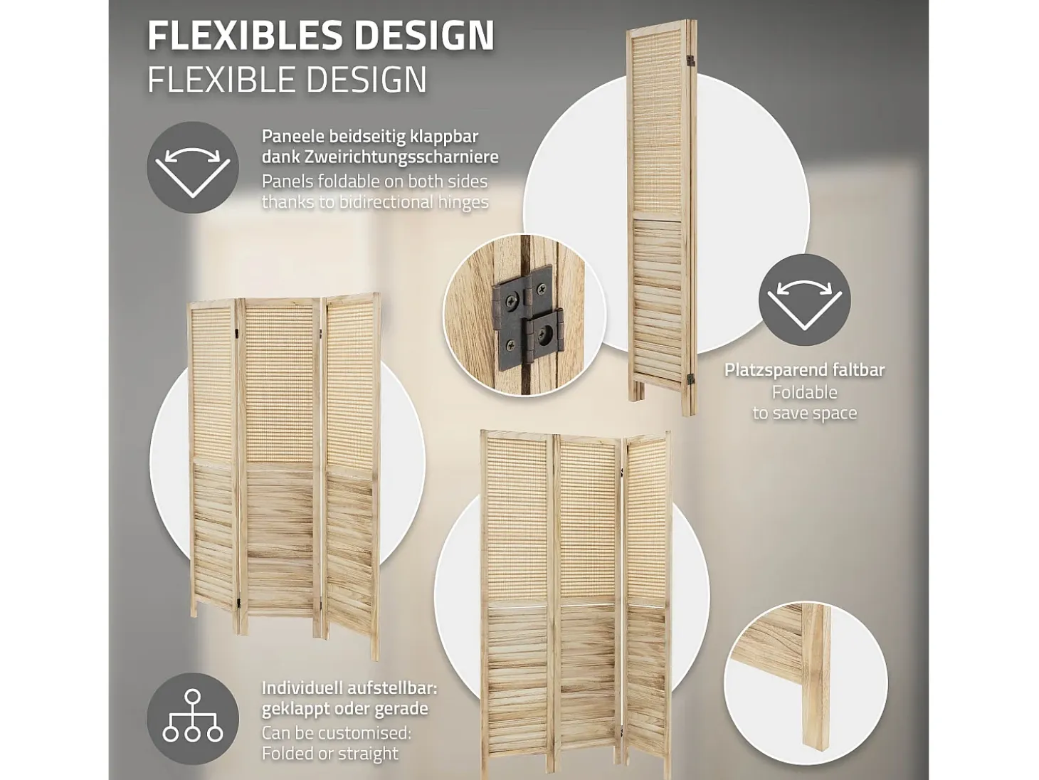 ML-Design Biombo divisorio de 3 paneles modelo Osaka de madera natural 170 x 121 cm, separador de ambientes plegable japonés, pantalla de privacidad