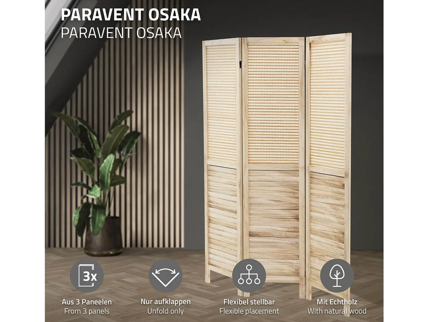 ML-Design Biombo divisorio de 3 paneles modelo Osaka de madera natural 170 x 121 cm, separador de ambientes plegable japonés, pantalla de privacidad