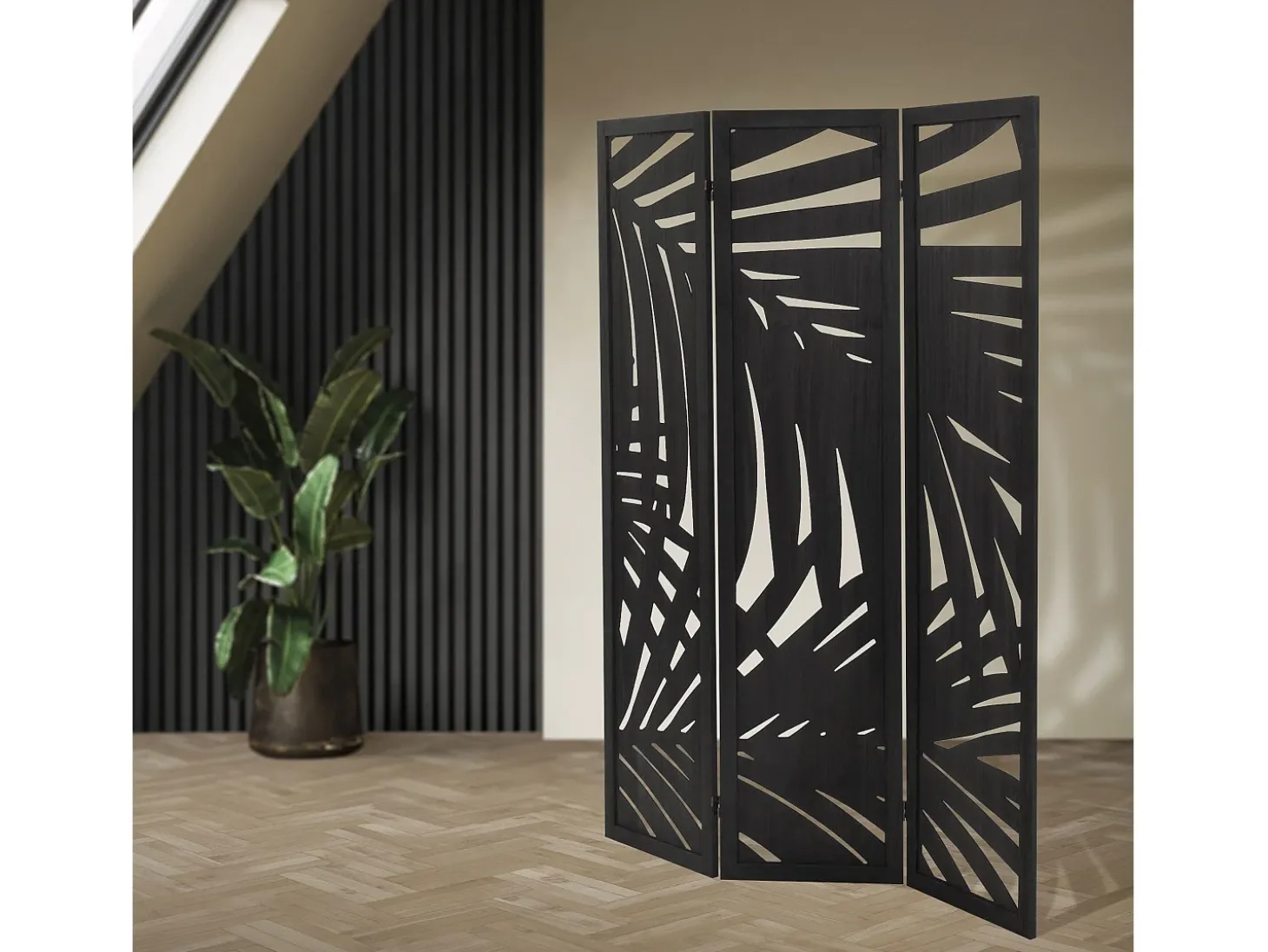 ML-Design Biombo divisorio de 3 paneles modelo Sapporo de madera negra 170 x 121 cm, separador de ambientes plegable japonés, pantalla de privacidad