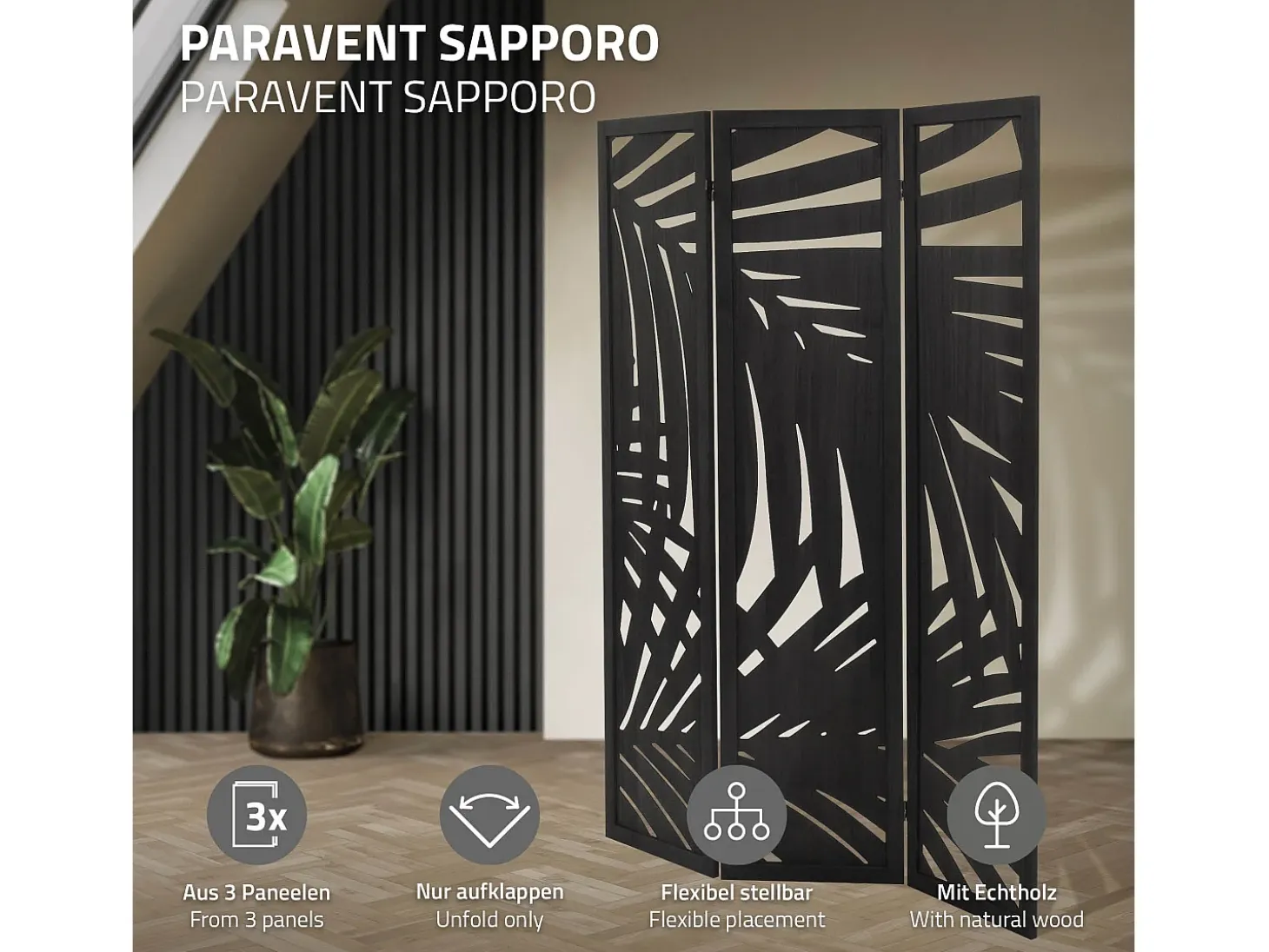 ML-Design Biombo divisorio de 3 paneles modelo Sapporo de madera negra 170 x 121 cm, separador de ambientes plegable japonés, pantalla de privacidad