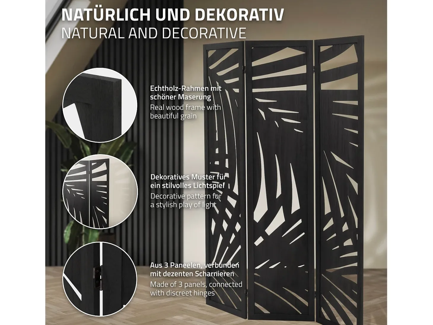 ML-Design Biombo divisorio de 3 paneles modelo Sapporo de madera negra 170 x 121 cm, separador de ambientes plegable japonés, pantalla de privacidad