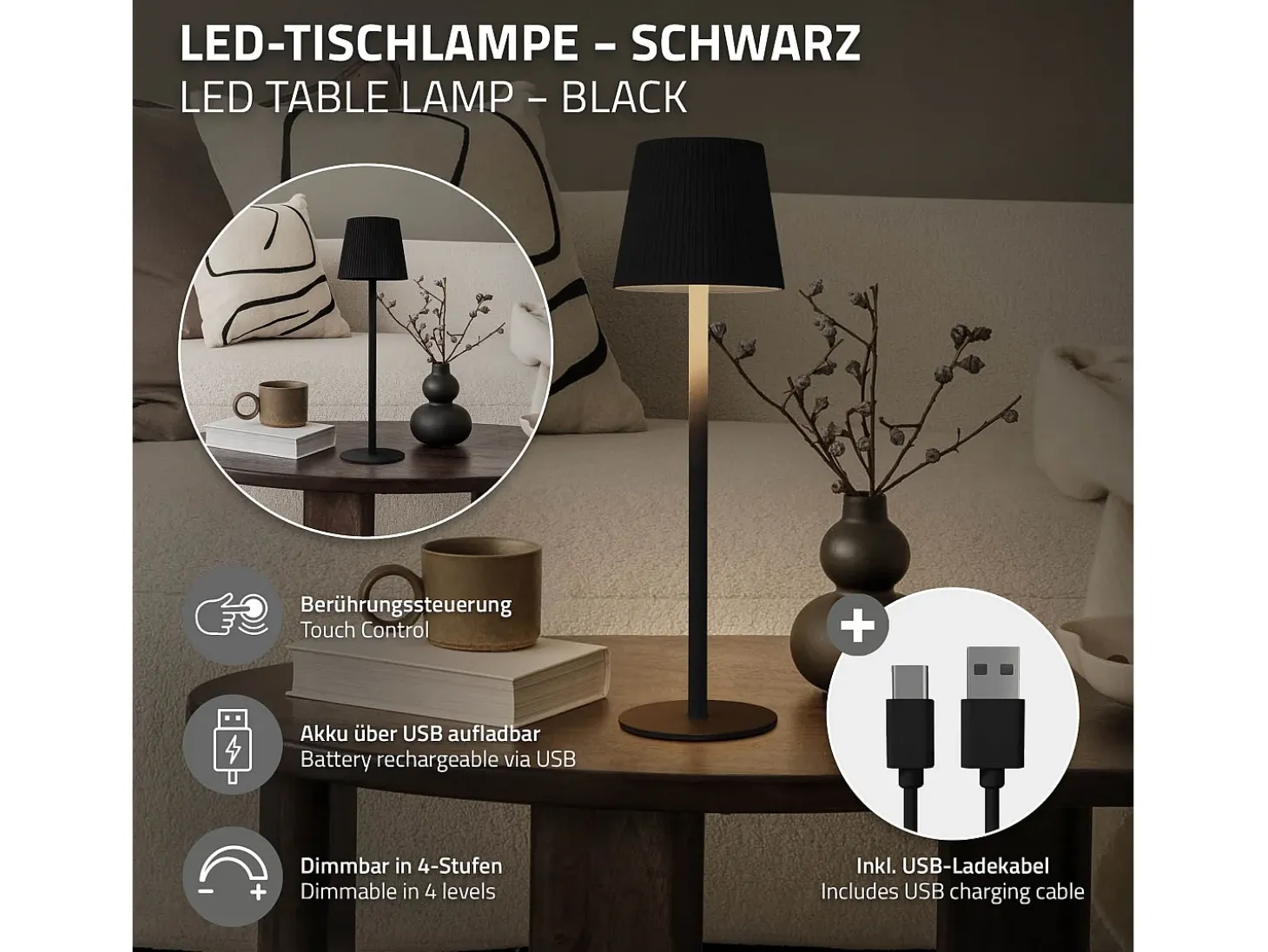 ML-Design Lámpara de mesa LED negra táctil inalámbrica ø10x36cm luz blanca cálida regulable, recargable USB-C, para mesita, escritorio o estudio