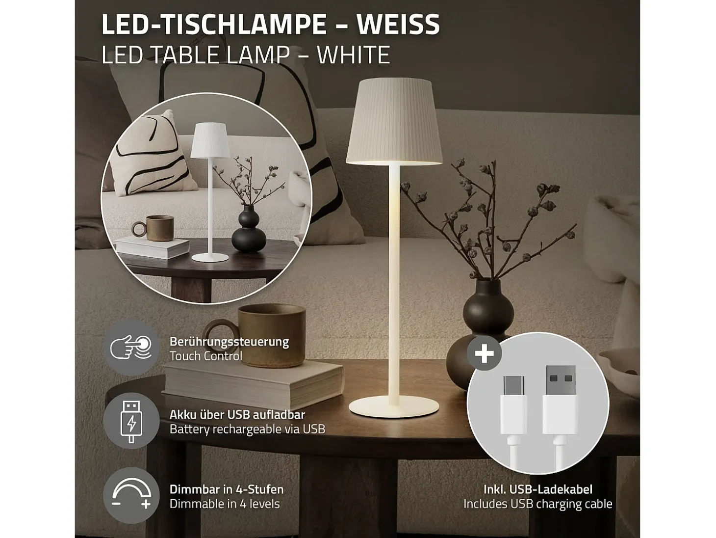 ML-Design Lámpara de mesa LED blanca táctil inalámbrica ø10x36cm luz blanca cálida regulable, recargable USB-C, para mesita, escritorio o estudio