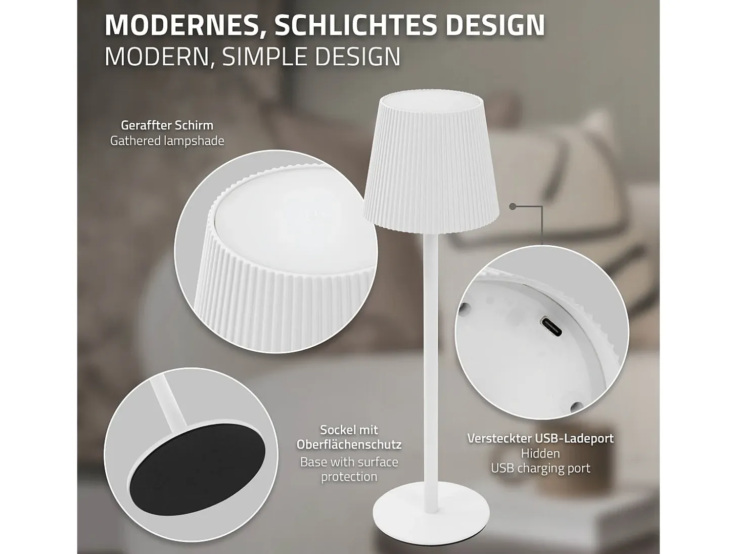ML-Design Lámpara de mesa LED blanca táctil inalámbrica ø10x36cm luz blanca cálida regulable, recargable USB-C, para mesita, escritorio o estudio
