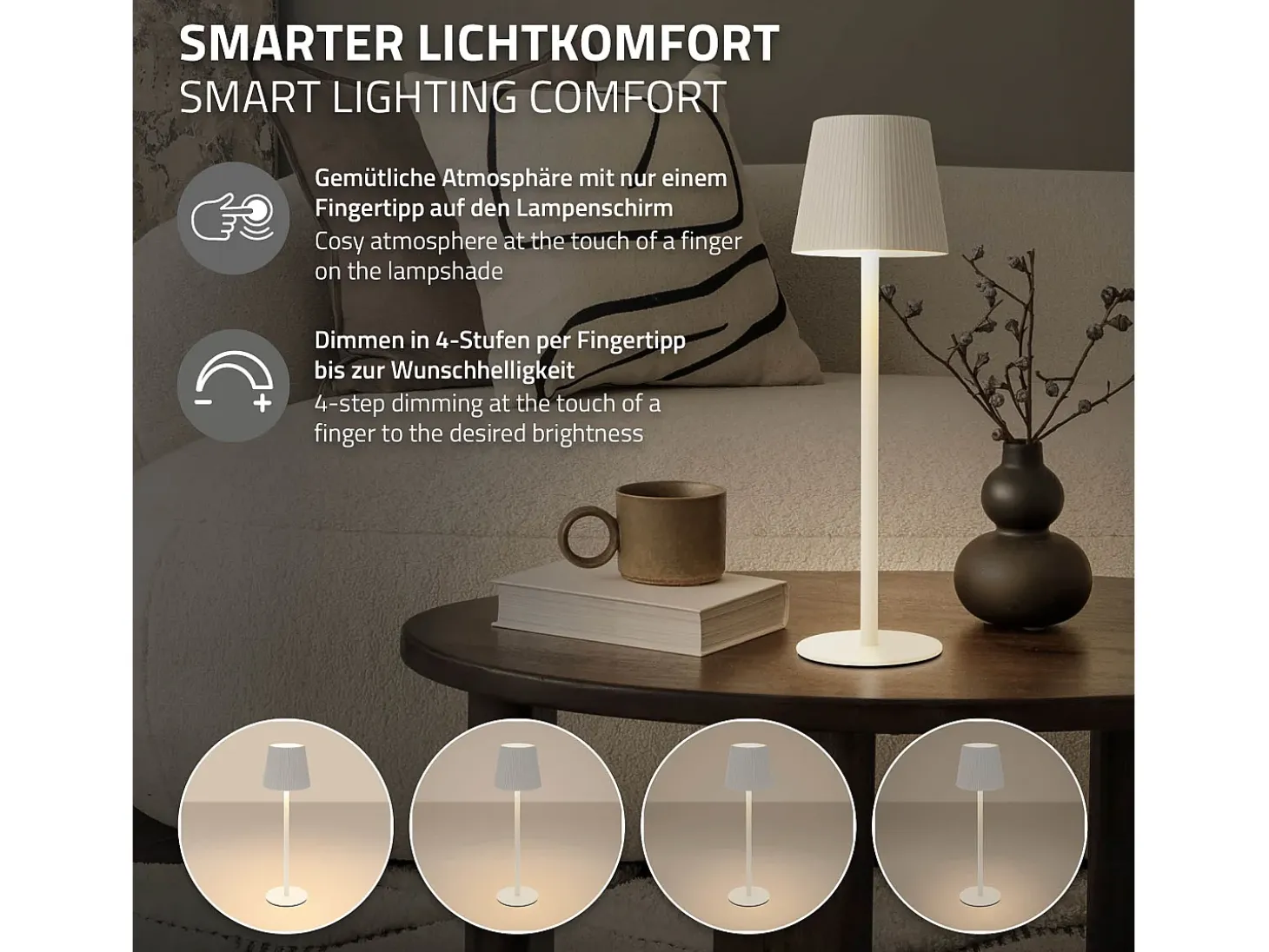ML-Design Lámpara de mesa LED blanca táctil inalámbrica ø10x36cm luz blanca cálida regulable, recargable USB-C, para mesita, escritorio o estudio