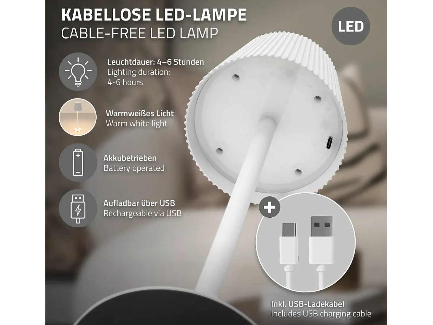 ML-Design Lámpara de mesa LED blanca táctil inalámbrica ø10x36cm luz blanca cálida regulable, recargable USB-C, para mesita, escritorio o estudio
