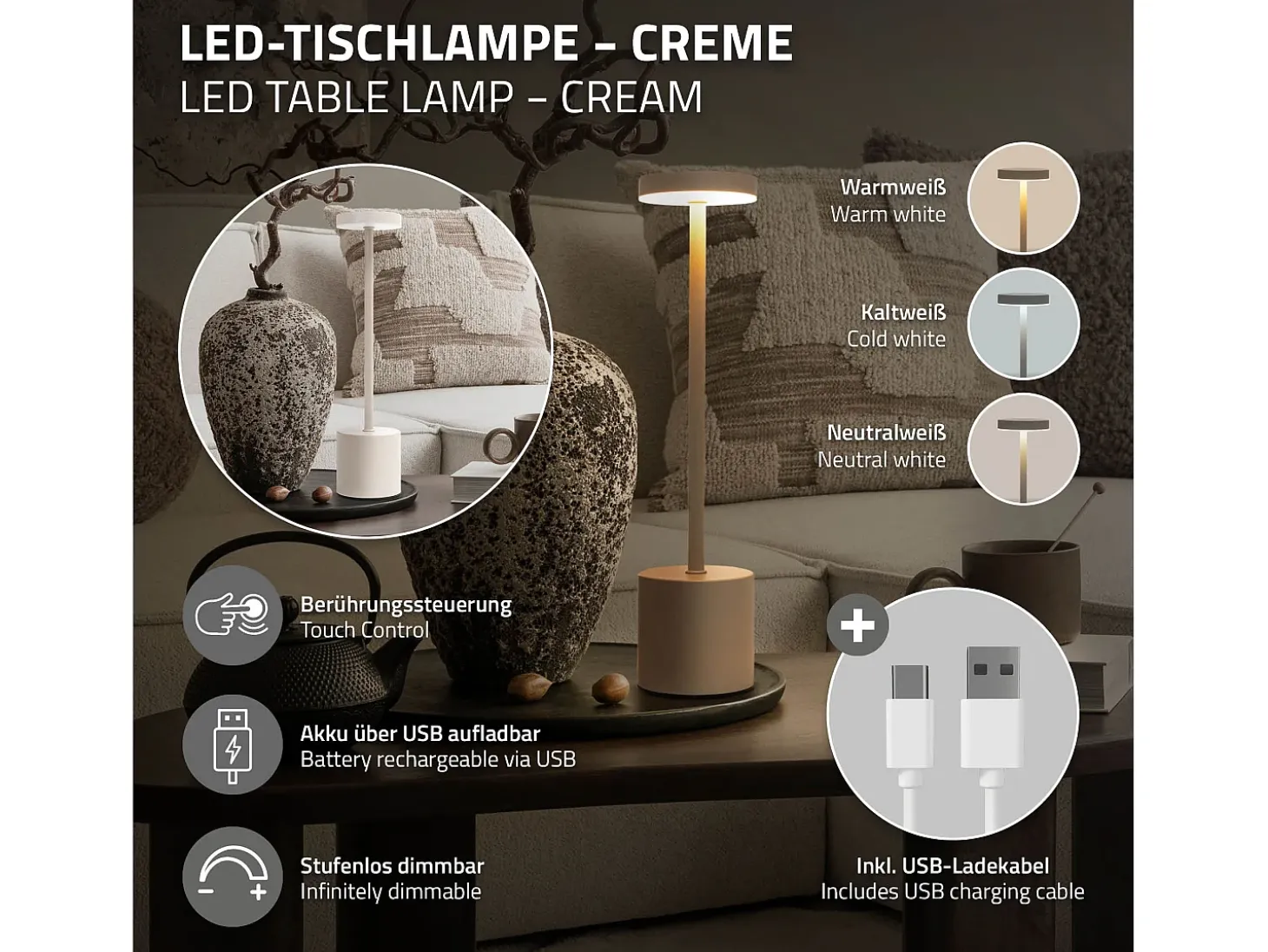 ML-Design Lámpara de mesa LED crema táctil inalámbrica Ø8x34,5cm foco de luz blanca regulable, recargable con USB-C para mesita, escritorio o estudio