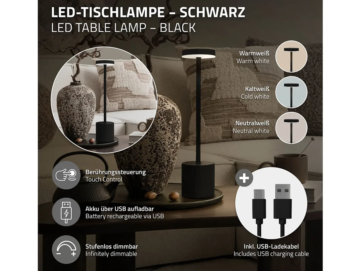 ML-Design Lámpara de mesa LED negra táctil inalámbrica Ø8x34,5cm foco de luz blanca regulable, recargable con USB-C para mesita, escritorio o estudio