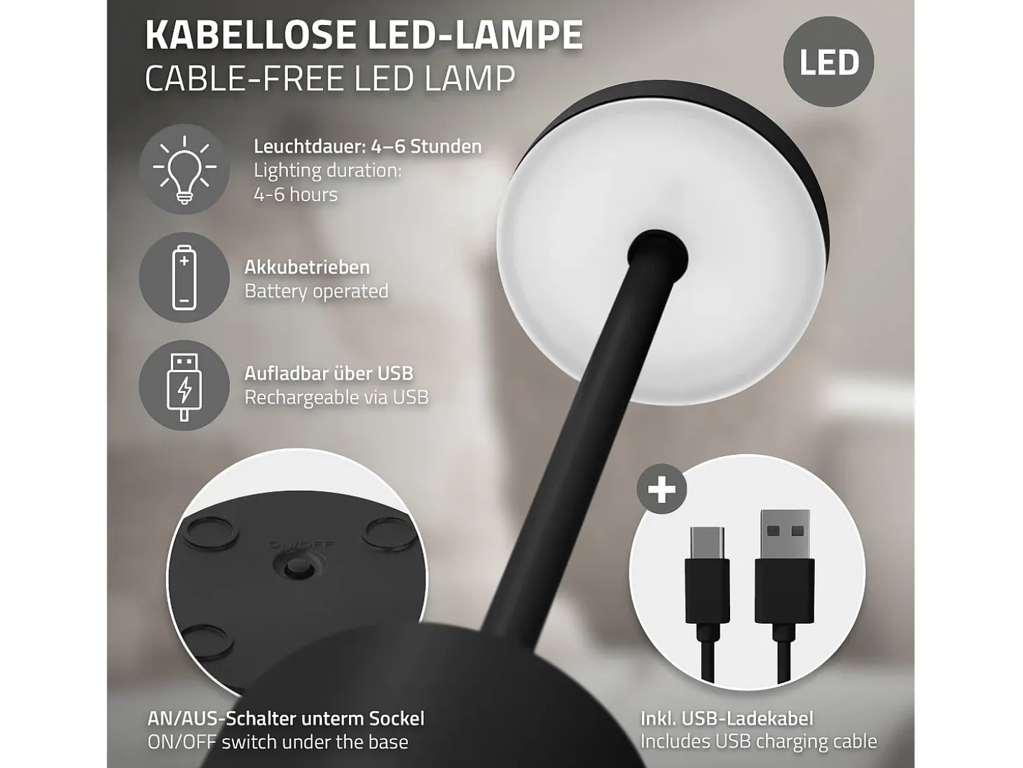 ML-Design Lámpara de mesa LED negra táctil inalámbrica Ø8x34,5cm foco de luz blanca regulable, recargable con USB-C para mesita, escritorio o estudio