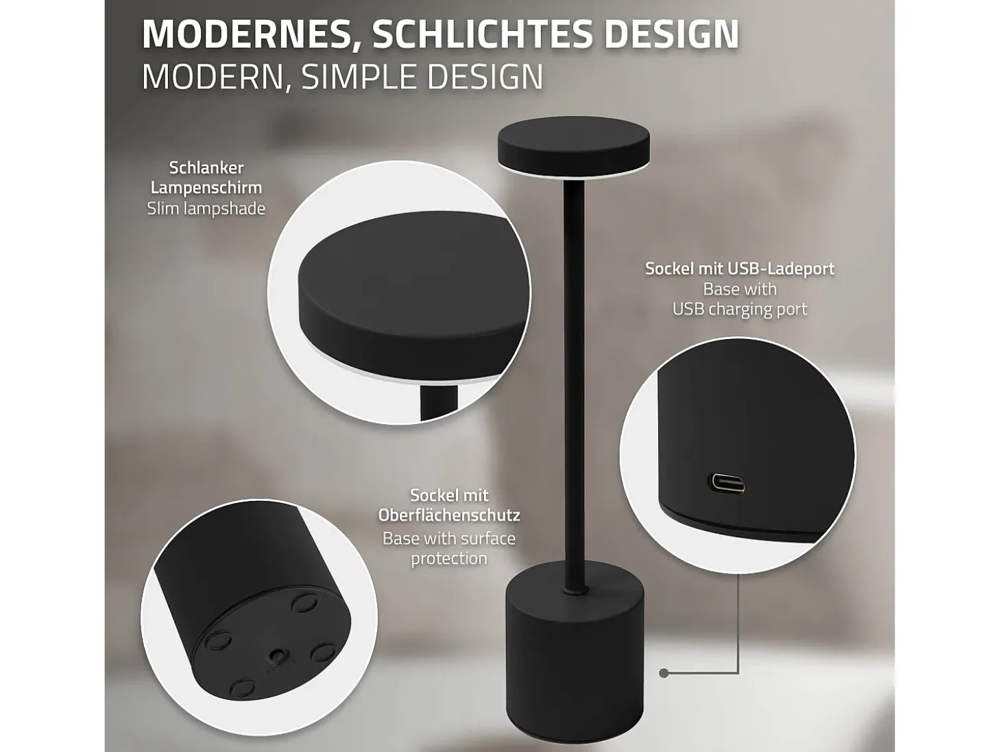ML-Design Lámpara de mesa LED negra táctil inalámbrica Ø8x34,5cm foco de luz blanca regulable, recargable con USB-C para mesita, escritorio o estudio