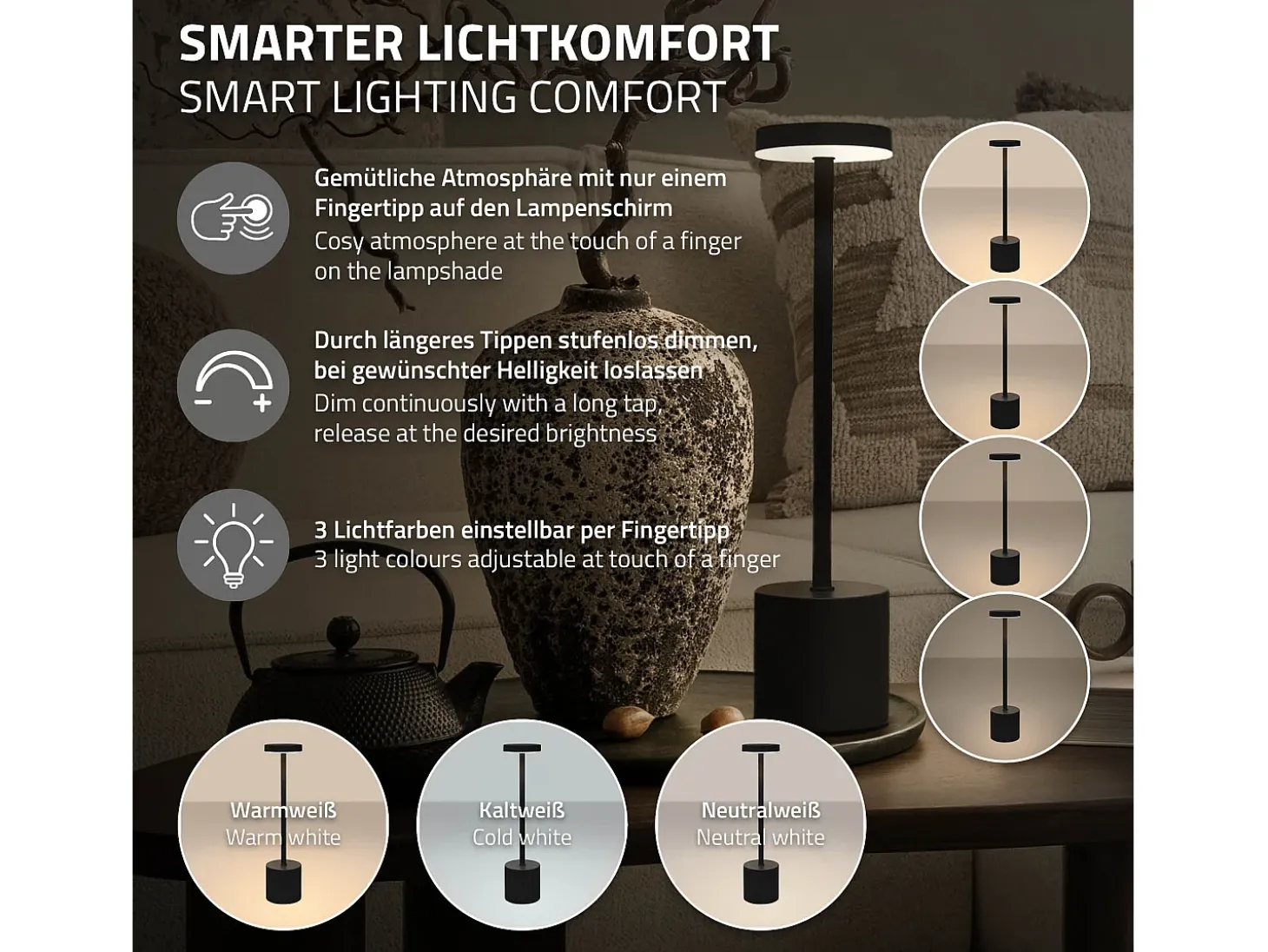 ML-Design Lámpara de mesa LED negra táctil inalámbrica Ø8x34,5cm foco de luz blanca regulable, recargable con USB-C para mesita, escritorio o estudio