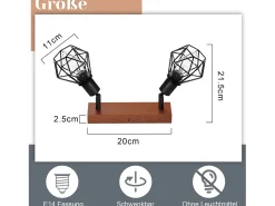 NETTLIFE 2 Focos de Techo de Madera Vintage Negro E14 Orientable 350° en Metal, Plafón para Cocina, Salón, Dormitorio, , máx 25W