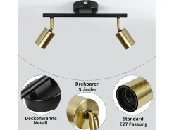 NETTLIFE 2 focos de techo vintage E27 lámpara de pasillo negro y dorado techo giratorio de 360° industrial moderno para pasillos de pasillo de cocina