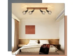 NETTLIFE 4 Focos de Techo Negros E14 Vintage Madera Metal, Plafón Regulable 350° para Interior Dormitorio Salón Cocina máx 25W