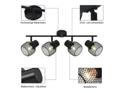 NETTLIFE 4 Focos Max.25W Techo de Metal Negro 4 Bombillas Giratorias 330° LED E27 Interior para Comedor Cocina Dormitorio Infantil