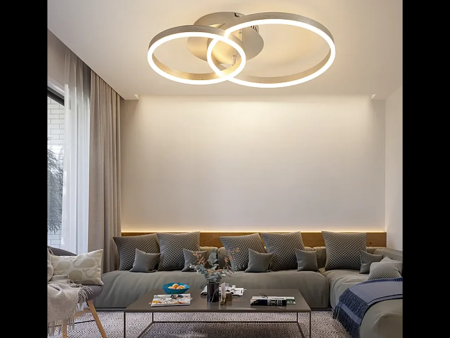 NETTLIFE - Lámpara de techo LED moderna regulable de 2 anillos de metal y acrílico con mando a distancia, color plata, 59 cm, para salón