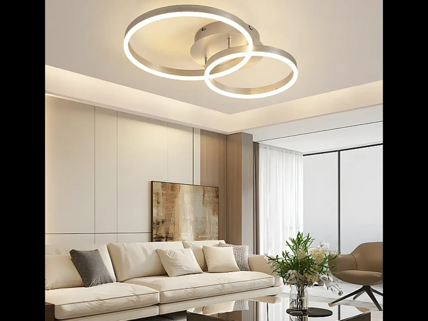 NETTLIFE - Lámpara de techo LED moderna regulable de 2 anillos de metal y acrílico con mando a distancia, color plata, 59 cm, para salón