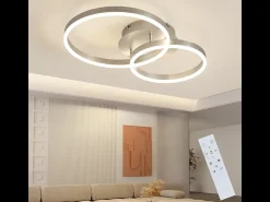 NETTLIFE - Lámpara de techo LED moderna regulable de 2 anillos de metal y acrílico con mando a distancia, color plata, 59 cm, para salón
