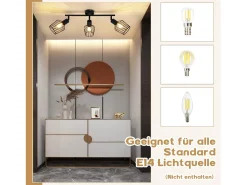 NETTLIFE 3 lámparas de techo E14 - Metal, iluminación industrial giratoria hasta 350°, lámpara de pared para el pasillo y la sala de estar, negro.