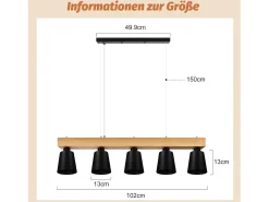 NETTLIFE - Suspensión con 5 bombillas E27 negra, diámetro de 102 cm, moderna, de metal y madera, lámpara para comedor/dormitorio/cocina/vestíbulo.