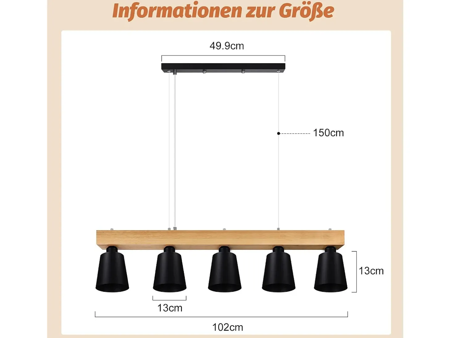 NETTLIFE - Suspensión con 5 bombillas E27 negra, diámetro de 102 cm, moderna, de metal y madera, lámpara para comedor/dormitorio/cocina/vestíbulo.