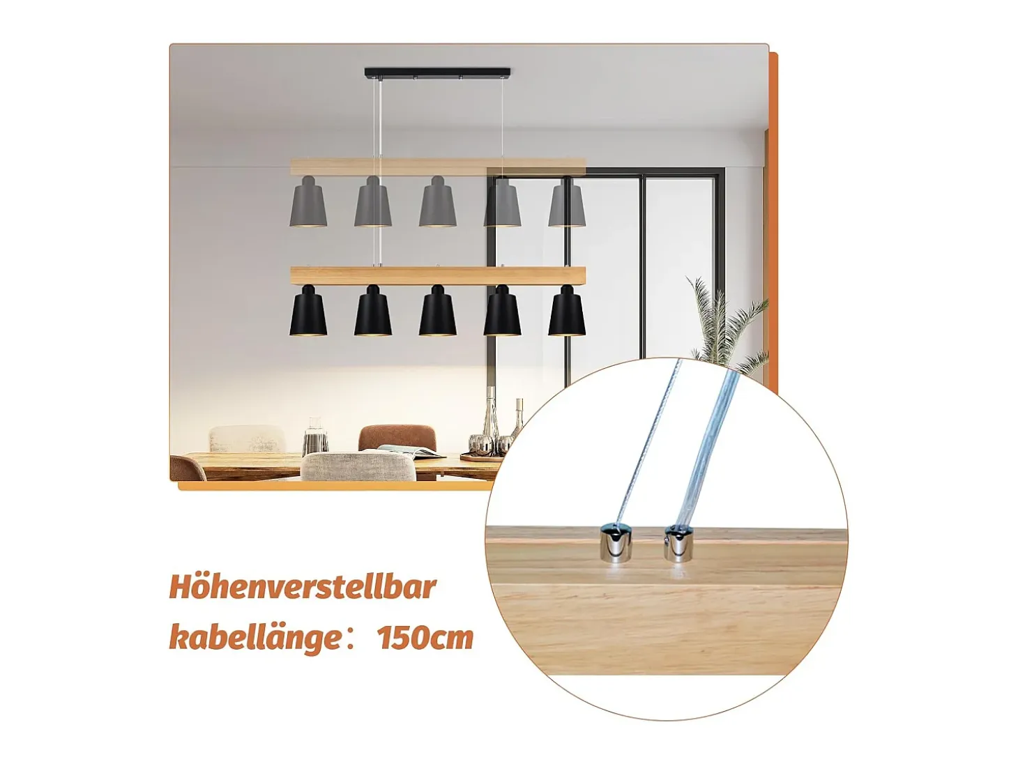 NETTLIFE - Suspensión con 5 bombillas E27 negra, diámetro de 102 cm, moderna, de metal y madera, lámpara para comedor/dormitorio/cocina/vestíbulo.