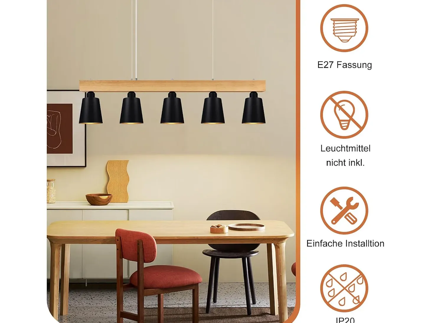 NETTLIFE - Suspensión con 5 bombillas E27 negra, diámetro de 102 cm, moderna, de metal y madera, lámpara para comedor/dormitorio/cocina/vestíbulo.