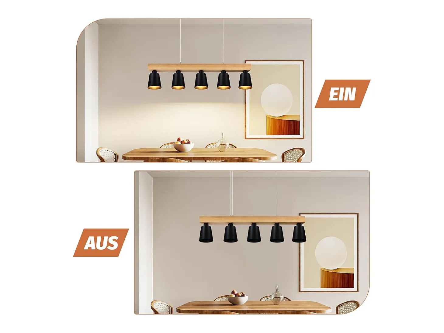 NETTLIFE - Suspensión con 5 bombillas E27 negra, diámetro de 102 cm, moderna, de metal y madera, lámpara para comedor/dormitorio/cocina/vestíbulo.