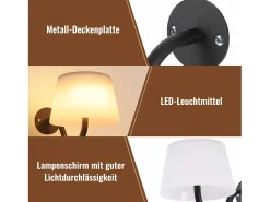 NETTLIFE Aplique de pared para interiores a batería con interruptor: Apliques de pared LED regulables, negros, inalámbricos, modernos