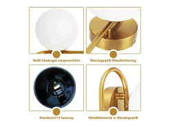 NETTLIFE Aplique de pared para interiores E14 Bola de cristal dorado Iluminación de pared retro moderna para dormitorio
