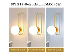 NETTLIFE Aplique de pared para interiores E14 Bola de cristal dorado Iluminación de pared retro moderna para dormitorio