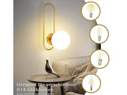 NETTLIFE Aplique de pared para interiores E14 Bola de cristal dorado Iluminación de pared retro moderna para dormitorio